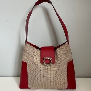 Vintage Y2K Salvatore Ferragamo Beige Maroon Leather Hobo Tapestry Shoulder Bag